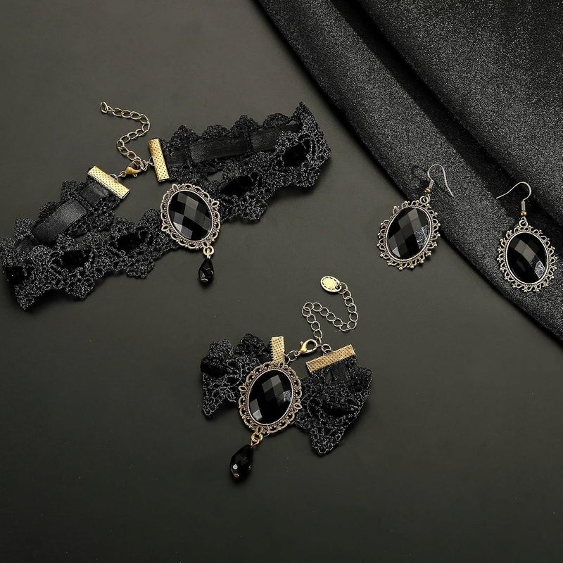 ELLEZZA Gothic Victorian Style Vampire Choker Necklace Bracelet Earrings Set,Halloween Pirate Steampunk Witch Vampire Costume Accessories Jewelry for Women,Adjustable Size - Image 4